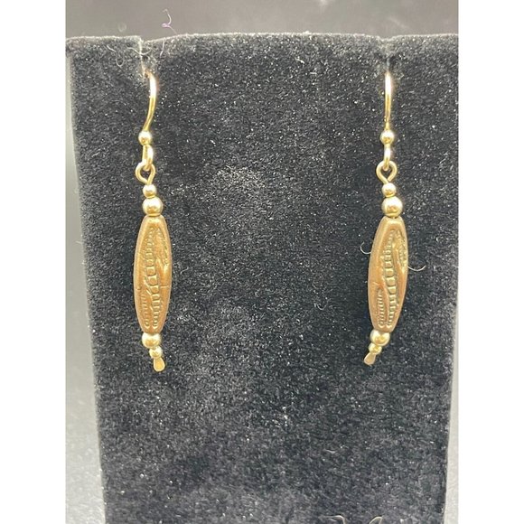 Gold Tone Wooded Cob Drop Dangle Hook Earring - Picture 1 of 6